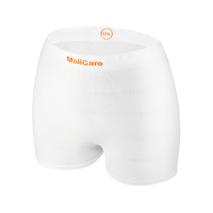 Weiße Paul Hartmann AG MoliCare® Premium Fixpants Netzhose - 25 Stück Inkontinenzunterwäsche für Erwachsene, Größe XXXL, abgebildet auf einem schlichten weißen Hintergrund. Die Unterwäsche ist so gestaltet, dass sie normalen Slips ähnelt und so diskret ist.