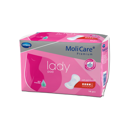 Se muestra un paquete de almohadillas Hartmann MoliCare® Premium Lady Pad. El empaque rosa-blanco muestra una silueta femenina en el frente y contiene 14 almohadillas. Estas almohadillas Lady están marcadas con el logo de Paul Hartmann AG y se describen como "suaves y discretas" y "amigables con la piel", perfectas para incontinencia leve.