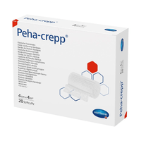 Caja con vendas de fijación superelásticas Hartmann Peha-crepp® —20 unidades— de Paul Hartmann AG, con detalles del producto y una imagen de la venda. El texto del envase está en varios idiomas.
