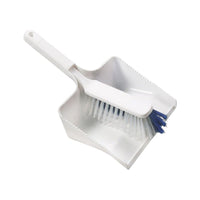 The Haug Hart White Sweeping Set (350 x 222 x 110 mm) from Haug Bürsten The set includes a white dustpan and a broom with blue bristles, designed for two-step cleaning. The broom has a textured handle and rests neatly on the edge of the dustpan against a plain white background.