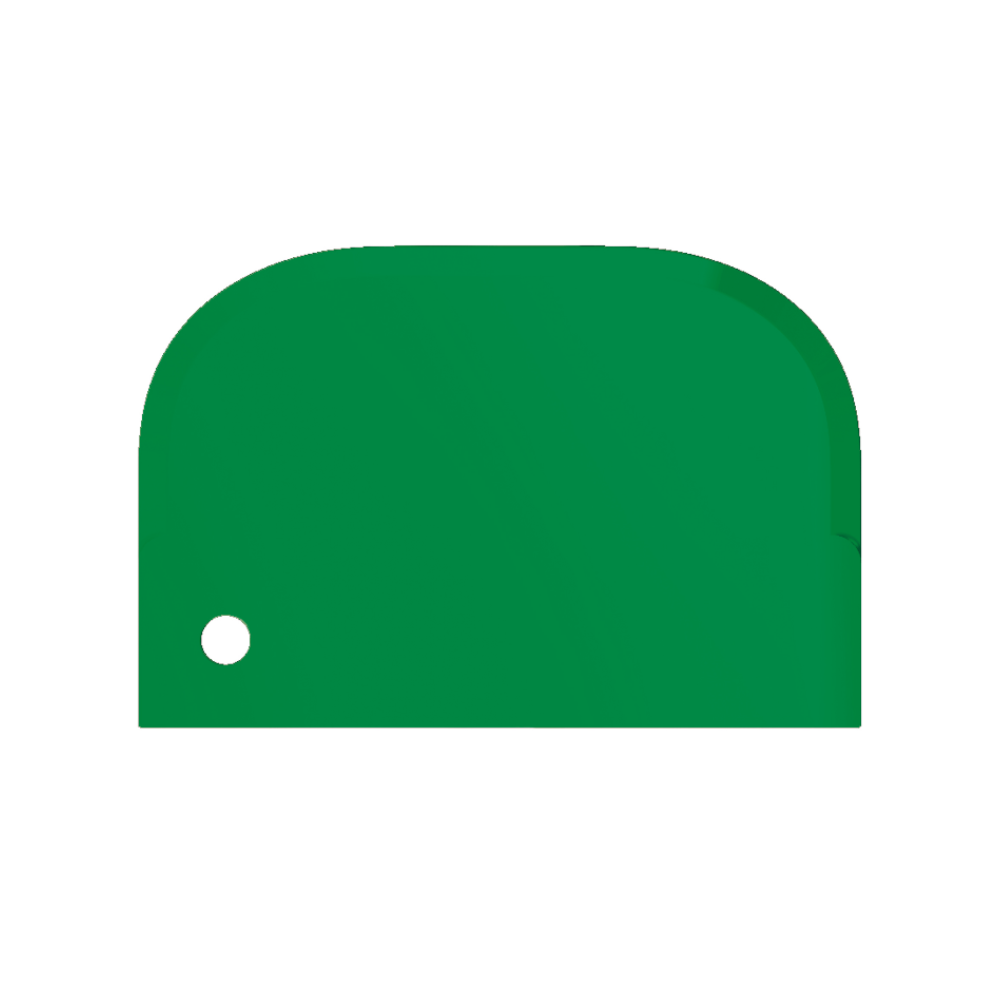 Ein einfacher grüner Umriss einer Krone mit abgerundeter Oberseite und einem kleinen kreisförmigen Ausschnitt auf der linken Seite, der den Geist des lebensmittelkonformen Designs einfängt, ähnlich dem Haug Schaber klein 15 x 10 cm von Haug Bürsten KG.