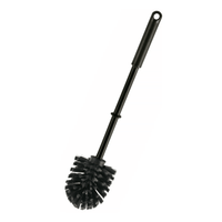 A small Haug toilet brush, ø 75 mm, PP, black, manufactured by Haug Bürsten KG features a long polypropylene handle with a round bristle head and includes a small hole for easy hanging.