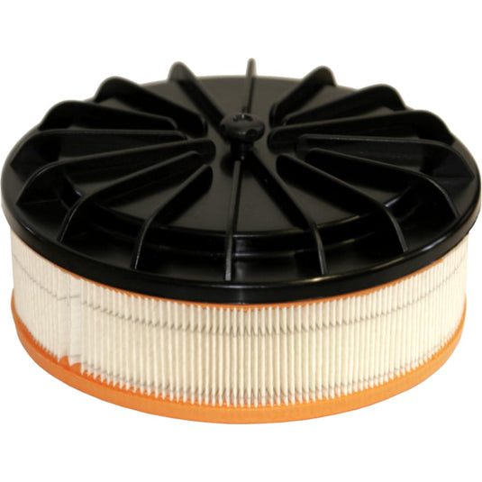 El filtro HEPA de recambio para el Arcora M5Plus, fabricado por Arcora International GmbH, es un filtro redondo con la base de color naranja, material HEPA plisado de color blanco y una tapa negra con nervaduras radiales de refuerzo.