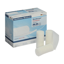 Das Bild zeigt eine Schachtel Holthaus Dederon® Fixierbinde von Holthaus Medical GmbH & Co. KG. Die Schachtel enthält eine Abbildung der Binden und Details zu diesem medizinischen Produkt, darunter, dass sie 20 Stück mit den Maßen 8 cm x 4 m enthält. Vor der Schachtel sind drei gerollte Binden abgebildet.