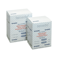 Two boxes of Holthaus 17-ply gauze pads—25 x 2 pieces—from Holthaus Medical GmbH & Co. KG are on display. The box on the left contains 10 x 10 cm swabs, and the box on the right contains 7.5 x 7.5 cm swabs, which are perfect for wound care. Both boxes have similar packaging featuring blue text and a grid pattern.