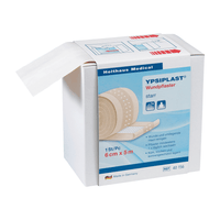 A box of Holthaus Ypsiplast bandages from Holthaus Medical GmbH & Co. KG. The packaging, measuring “6 cm x 5 m,” includes multilingual instructions for use and storage. The image shows an open box with a bandage partially pulled out, ideal for protecting minor injuries.