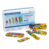 A package of Holthaus Ypsiplast® children's bandages from Holthaus Medical GmbH & Co. KG containing 50 bandages. The package and bandages feature colorful dinosaur designs, with five individual bandages of different sizes depicted on the front of the package.