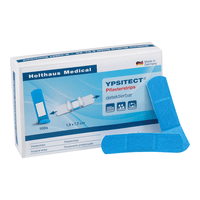 Image of a box of Holthaus Ypsitect® adhesive strips, water-repellent, 1.9 x 7.2 cm, 100 pieces. The box clearly indicates that it contains 100 surgical, self-adhesive bandage strips. Two blue stripes are visible outside the print area. This product is manufactured in Germany by Holthaus Medical GmbH & Co. KG and features water-repellent bandage strips.
