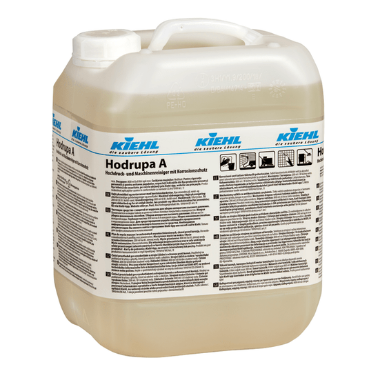 El Kiehl Hodrupa A, un limpiador de alta presión y para maquinaria con protección anticorrosiva de la empresa Johannes Kiehl KG, se presenta en un envase de plástico translúcido con tapa blanca y es apto para su uso en sistemas de limpieza a alta presión. La etiqueta multilingüe proporciona información sobre su aplicación y sus propiedades.