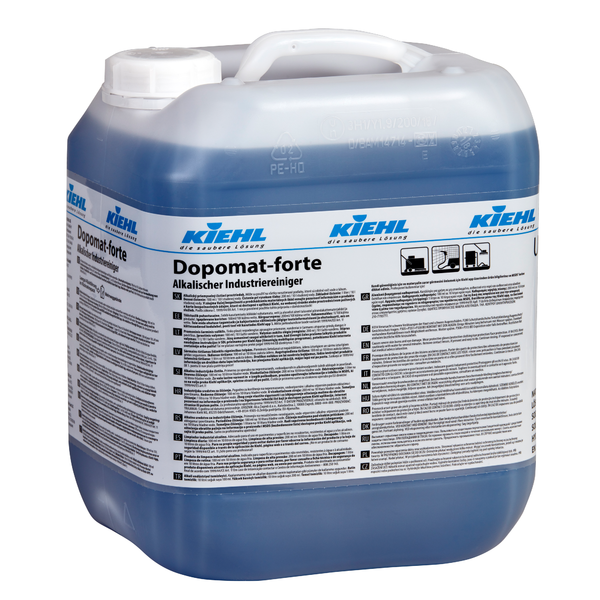 Großer Kunststoffbehälter des Kiehl Dopomat-forte Alkalischer Industriereiniger der Johannes Kiehl KG mit weißer Kappe und Griff, mit mehrsprachigen Produktangaben und Hinweisen auf dem Etikett.