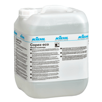 The Kiehl Copex-eco All-Purpose Basic Cleaner from Johannes Kiehl KG—an eco-friendly cleaner designed for effective surface cleaning—comes in a transparent plastic container with a white lid. The label features product information, instructions for use, and branding in black and blue.