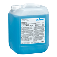 A 10-liter container made of translucent plastic from Johannes Kiehl KG, containing Kiehl GlasQueen Glass and Surface Cleaner—a blue liquid with a white, multilingual label—for a streak-free finish.