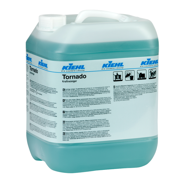 In einem großen, durchsichtigen Kunststoffbehälter mit Griff und Schraubverschluss befindet sich der blaue Kiehl Tornado Kraftreiniger der Johannes Kiehl KG, der auf dem Etikett mit Anwendungshinweisen und Gefahrensymbolen versehen ist und als kraftvoller Industriereiniger beschrieben wird.