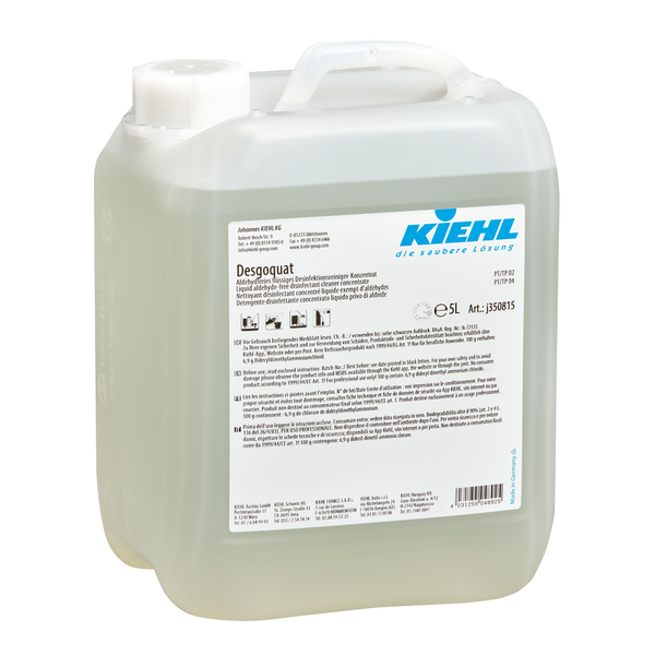 Ein durchsichtiger Kunststoffbehälter mit Henkel und weißer Kappe, beschriftet mit "Kiehl Desgoquat" der Johannes Kiehl KG. Das mehrsprachige Etikett informiert über das aldehydfreie flüssige Desinfektionsreiniger-Konzentrat zur Flächendesinfektion und die Anwendungshinweise.