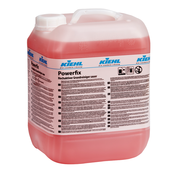 Un gran contenedor de plástico transparente con asa, lleno de líquido rojo. Etiqueta: "Kiehl Powerfix Limpiador básico altamente activo, ácido" de Johannes Kiehl KG; para limpieza y descalcificación profesional, con símbolos de seguridad e instrucciones de uso.