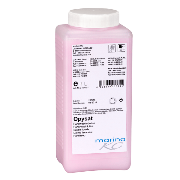 En posición vertical se encuentra una botella rectangular de plástico rosa con la inscripción "Kiehl Opysat Handwasch-Lotion" de Johannes Kiehl KG. El jabón de manos neutro de 1 litro es ideal para una limpieza suave de las manos, con instrucciones de uso y detalles en la etiqueta.