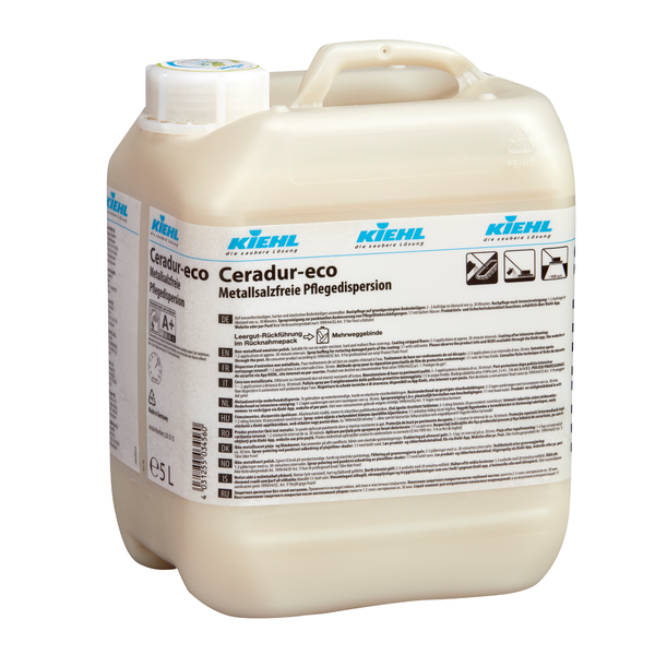 En 5-liters flaske Kiehl Ceradur-eco metallfri pleiedispersjon fra Johannes Kiehl KG, med hvit kork og detaljert tysk etikett, tilgjengelig i eske med 2 flasker.