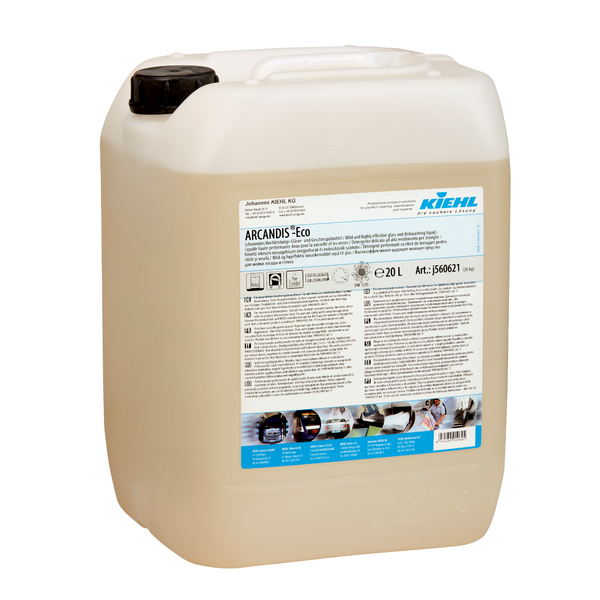 Ein großer durchsichtiger Kunststoffbehälter mit schwarzem Deckel, gefüllt mit Flüssigkeit. Auf dem Etikett steht "Kiehl ARCANDIS-Eco Schonendes Hochleistungs-Gläser- und Geschirrspülmittel" der Johannes Kiehl KG. Fassungsvermögen: 20 Liter.