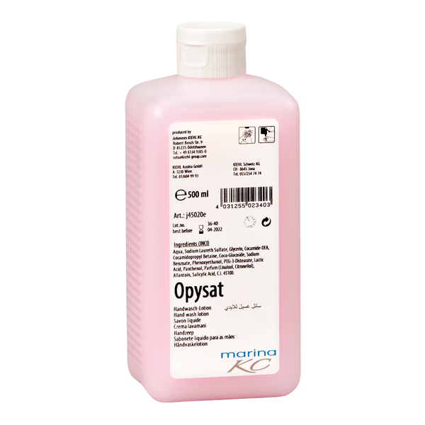 Una botella rosa de 500 ml de Kiehl Opysat Handwasch-Lotion de Johannes Kiehl KG, un jabón de manos neutro, tiene una etiqueta blanca con detalles del producto, ingredientes, código de barras, símbolos y "marina KC" en la parte inferior para una limpieza suave de las manos.