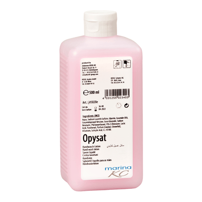 Una botella rosa de 500 ml de Kiehl Opysat Handwasch-Lotion de Johannes Kiehl KG, un jabón de manos neutro, tiene una etiqueta blanca con detalles del producto, ingredientes, código de barras, símbolos y "marina KC" en la parte inferior para una limpieza suave de las manos.