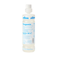 Una botella con embudo Kiehl Desgomin transparente de 500 ml, vacía, de la empresa Johannes Kiehl KG, que contiene 6 pulverizadores de espuma y 6 boquillas pulverizadoras por paquete (6 unidades), ideal para el almacenamiento de productos de limpieza.