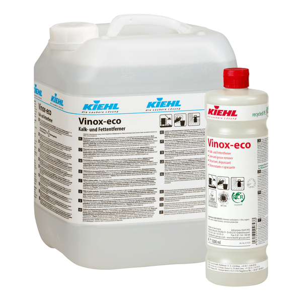 The Kiehl Vinox-eco lime and grease remover from Johannes Kiehl KG is available in 10L and 1L containers with detailed information and symbols. The environmentally friendly cleaner effectively removes lime and grease.