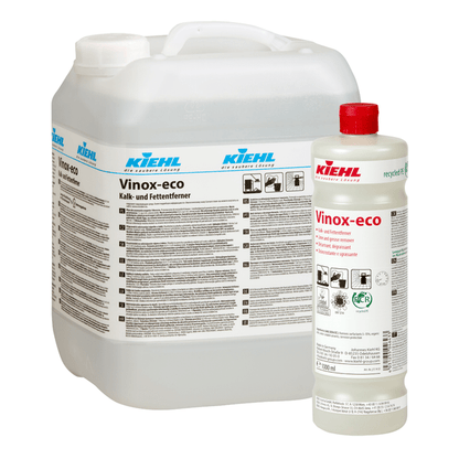 The Kiehl Vinox-eco lime and grease remover from Johannes Kiehl KG is available in 10L and 1L containers with detailed information and symbols. The environmentally friendly cleaner effectively removes lime and grease.