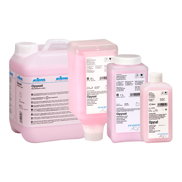 Cuatro envases de la loción de lavado de manos Kiehl Opysat de Johannes Kiehl KG (1-5L) con tapa blanca y etiquetas detalladas ofrecen una limpieza de manos neutra y suave. El nombre de la marca "Kiehl" es claramente visible en cada envase.