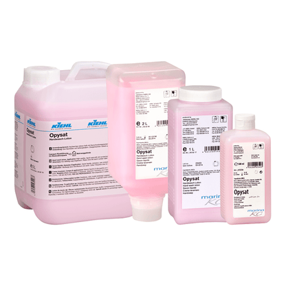 Cuatro envases de la loción de lavado de manos Kiehl Opysat de Johannes Kiehl KG (1-5L) con tapa blanca y etiquetas detalladas ofrecen una limpieza de manos neutra y suave. El nombre de la marca "Kiehl" es claramente visible en cada envase.