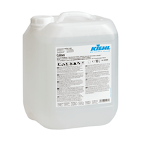 Un envase de 10 litros de plástico transparente con tapa blanca y la inscripción «Kiehl Calinex Kalk- und Fettentferner» de la empresa Johannes Kiehl KG, con información sobre el producto, instrucciones de uso y precauciones de seguridad en varios idiomas.