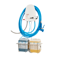 The Johannes Kiehl KG ARCANTEC 15 cleaning and disinfection unit for two products is wall-mounted, features a 15-meter-long blue hose with a spray gun, and holds two labeled chemical containers in metal racks against a white background.