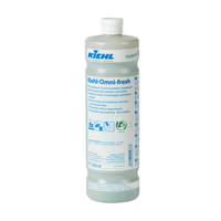 Botella de plástico de 1 litro de «Omni-fresh», neutralizador microbiológico de olores de la empresa Johannes Kiehl KG, con propiedades limpiadoras, con tapón blanco y etiqueta multilingüe en azul y blanco.