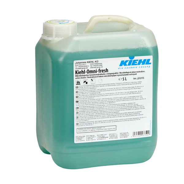 El neutralizador de olores microbiológico Kiehl Omni-fresh, activo en limpieza de Johannes Kiehl KG, con asa y cierre de rosca, contiene un recipiente de 5 litros de plástico translúcido con limpiador líquido verde para la neutralización efectiva de olores.