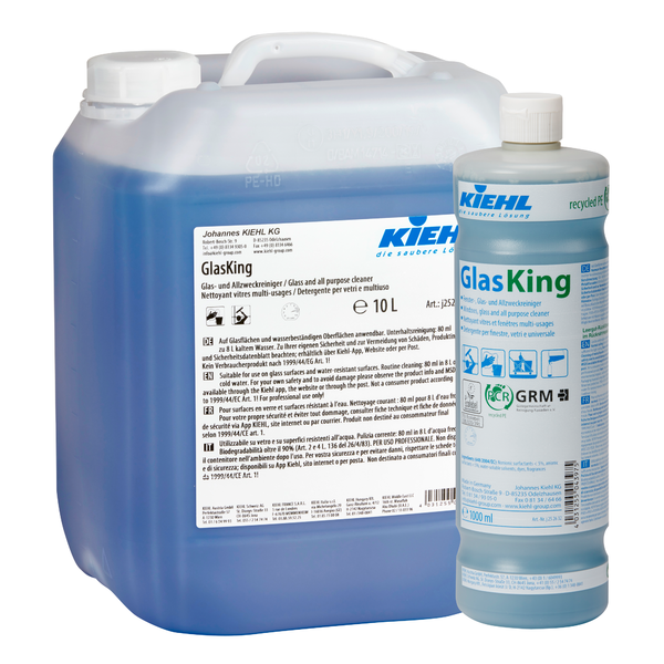 Ein blauer, transluzenter 10-Liter-Behälter und eine 1-Liter-Flasche Kiehl GlasKing Fenster-, Glas- und Allzweckreiniger der Johannes Kiehl KG, beide mit weißen Etiketten mit Text und Logos.
