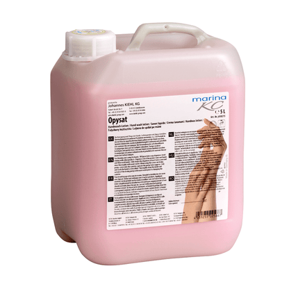 En un contenedor de plástico rosa de 5 litros con tapa blanca, etiquetado en varios idiomas, se encuentra la loción de lavado de manos Kiehl Opysat de Johannes Kiehl KG, un jabón neutro para una limpieza suave de las manos.