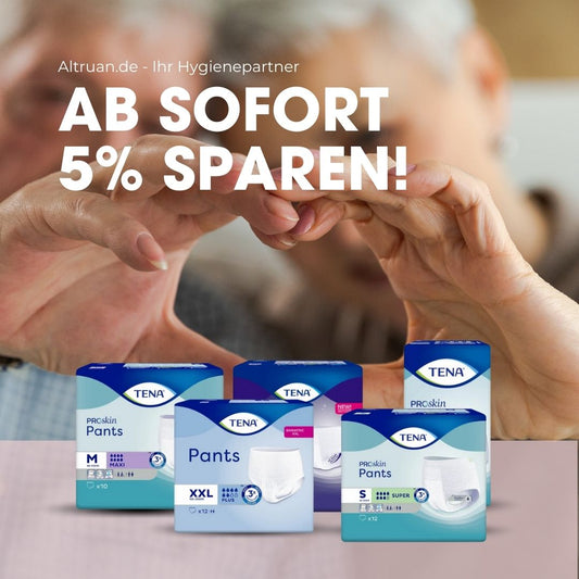 "Jetzt 5% sparen auf TENA PROskin Pants in verschiedenen Größen (S, M, XXL) bei Altruan.de – Ihrem Hygiene-Partner. Hochwertige Inkontinenzhosen mit 3-fachem Schutz für Hautgesundheit und Auslaufschutz. Perfekte Passform, diskrete Lieferung und sofort verfügbar im Altruan Onlineshop.
