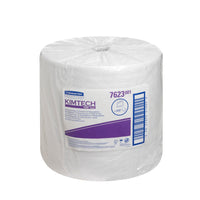 The Kimtech® Pure Wipes Large Roll from Kimberly-Clark GmbH contains 600 lint-free, white wipes per roll (1x600) in a carton—ideal for thorough cleaning—with product information, a barcode, and item number 7623 on the label.