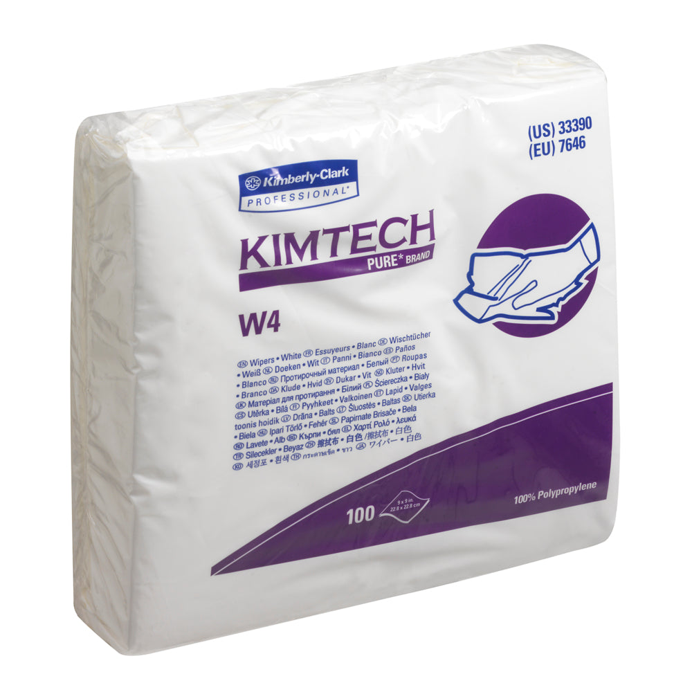 Eine versiegelte Packung Kimtech® Pure W4 Wischtücher - Einzel / Weiß von Kimberly-Clark GmbH enthält 100 weiße Reinraumtücher. Die überwiegend weiße Verpackung enthält eine violette Beschriftung und eine Abbildung einer Handreinigung für den professionellen Einsatz.