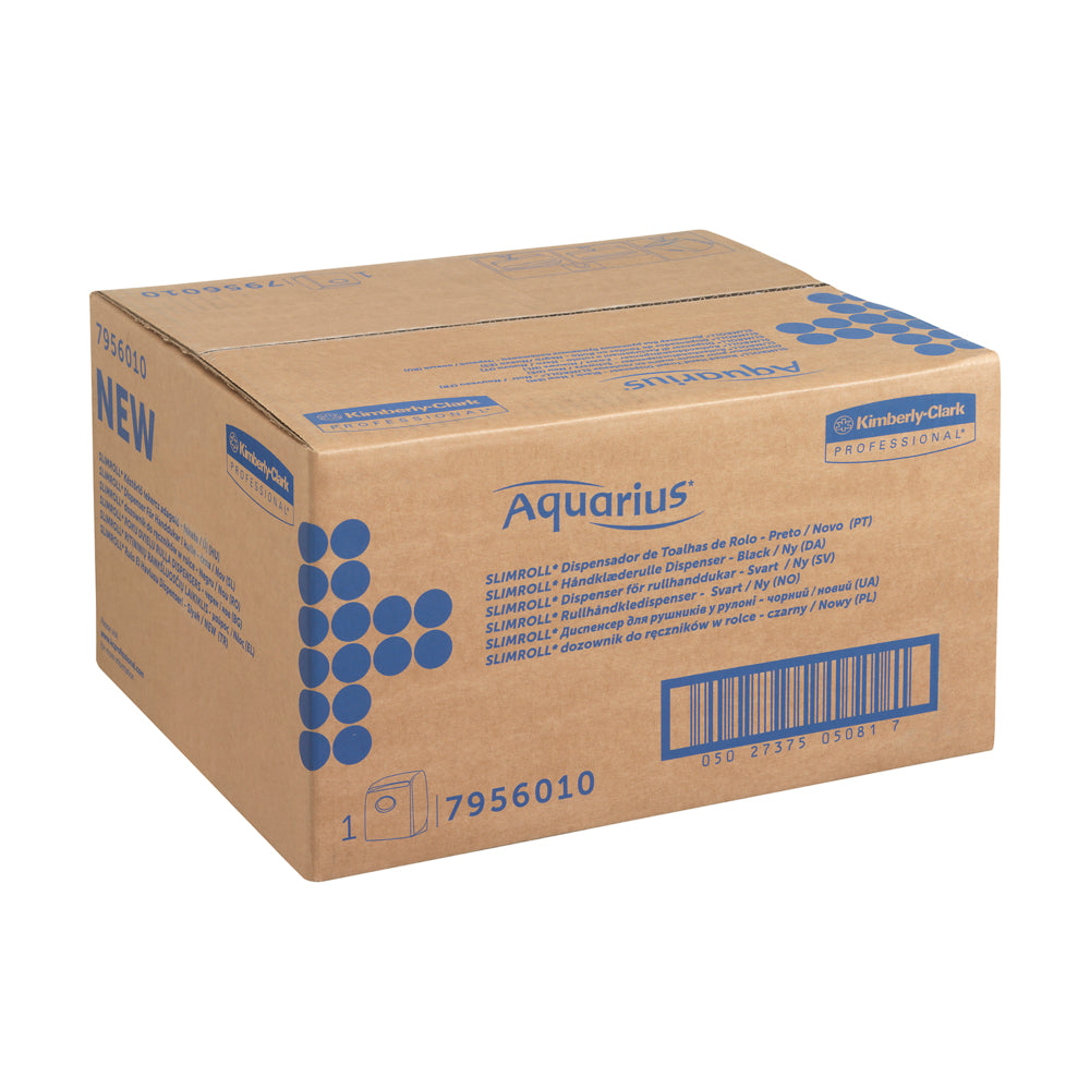 Ein brauner Karton mit der Aufschrift "Aquarius™ Slimroll™ Rollenhandtuchspender - Schwarz /NEU" mit blauem Kimberly-Clark GmbH Branding und Barcode; ideal für hygienische Handtuchentnahme mit 1 Spender pro Karton.