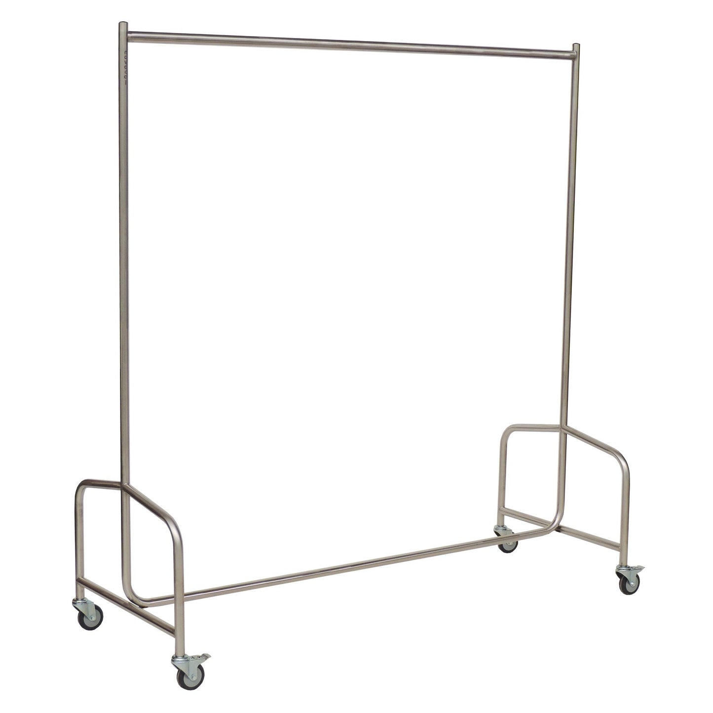 Der Novocal Kittelständer verfügt über einen vollverschweißten Edelstahlrahmen mit vier Rädern und bietet eine stabile und einfache Kleideraufbewahrung ohne zusätzliche Anbauteile oder Dekorationen.