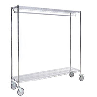The Novocal lab coat rack, made of precision-grade steel with a nickel-plated finish and high-gloss chrome plating, features a horizontal hanging rod and a wire shelf on four casters, making it ideal for mobile clothing storage in medical facilities.