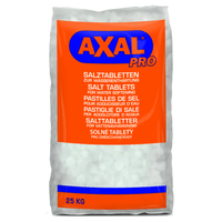 A 25-kg bag of AXAL PRO TABS regeneration salt—a special salt for water softening from K+S Minerals and Agriculture GmbH—is packaged in bright orange and features multilingual text, including labels in German, English, and French. This regeneration salt is ideal for efficient water softening in your home or business.