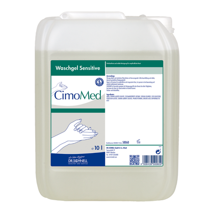 Ein 10L durchsichtiger Behälter mit der Aufschrift "Dr. Schnell CIMOMED Handwaschgel, duft- und farbstofffrei, für Hautreinigung" der DR.SCHNELL GmbH & Co. KGaA mit Handabbildungen und ausführlicher Anleitung; ideal für empfindliche Haut.