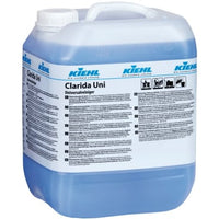 A large, semi-transparent container of the blue Kiehl Clarida Uni from Johannes Kiehl KG, featuring a white label with detailed instructions and pictograms and ideal for floor cleaning, is available from Altruan.