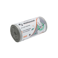 A roll of gray trash bags from EMIL DEISS KG (GmbH + Co.), labeled as DEISS First Plus Pcr Trash Bags 30 Liters, 34041, with dimensions of “1500x600 mm.” The packaging shows a hand pulling out a bag and highlights the 40% post-consumer recycled content and climate-neutral production.