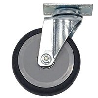 The Novocal smooth-rolling swivel castor with mounting plate (Ø 125 mm) provides smooth mobility for station wagons. It features a gray rubber tire with a metal mounting plate and an angled bracket for a secure hold. Sold as a single unit by Novocal.