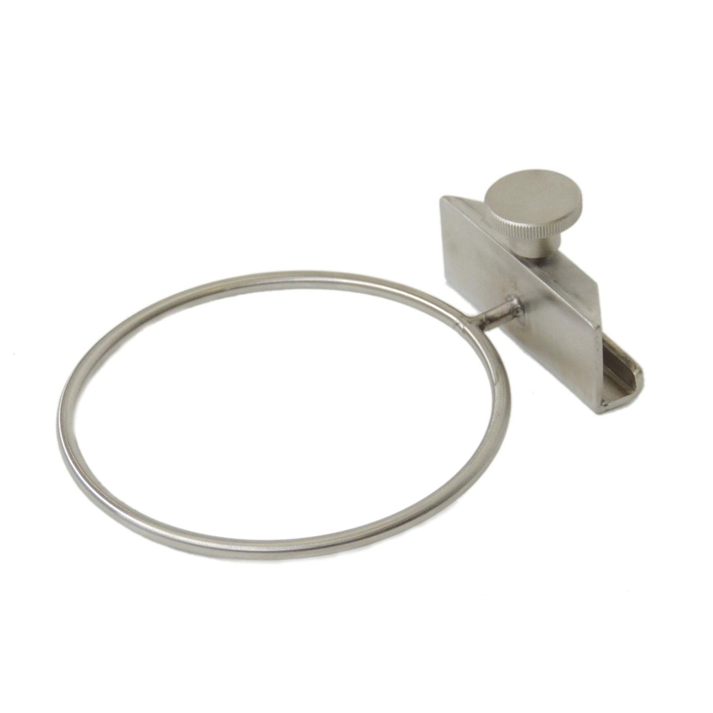 Die Novocal Edelstahlhalterung für Kanülenabwurfbehälter ist eine Metallhalterung mit Schraubklemme zur sicheren Befestigung an der Euroschiene, ideal zum stabilen Halt von Behältern oder Arbeitsgeräten.