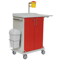 The Novocal medication cart features an all-plastic frame, red doors, a white top, and white sides, four wheels, a side trash can, and a yellow sharps container mounted on a rear bar—ideal for medical facilities.
