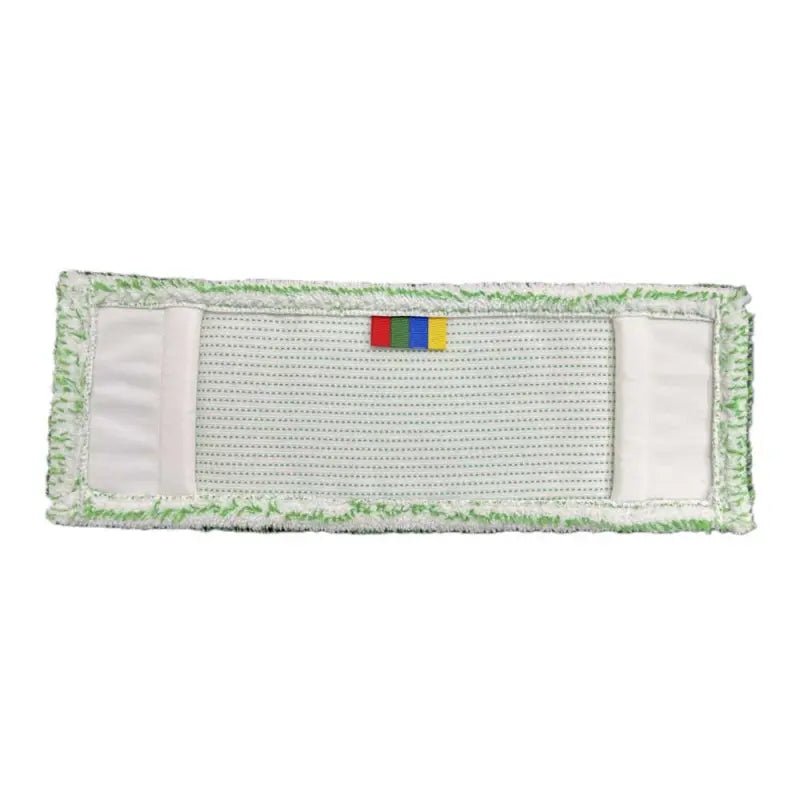 The Arcora Excellent Green-White Db-Fc mop with color coding and cover sheet from Arcora International GmbH is a rectangular white mop head with a textured gray center, a green border, two white stripes at each end, and a multicolored tag.