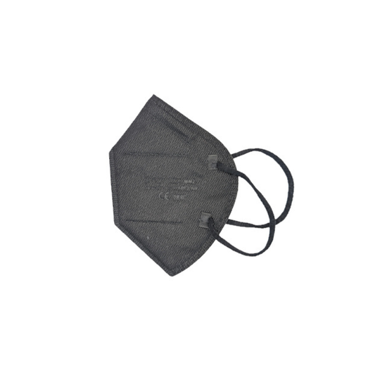 Eine MOONLEX FFP2 Maske von Altruan, 5-lagig, CE2890-zertifiziert und einzeln foliert, wird in Schwarz mit Ohrschlaufen vor weißem Hintergrund präsentiert und zeigt Form sowie Struktur.